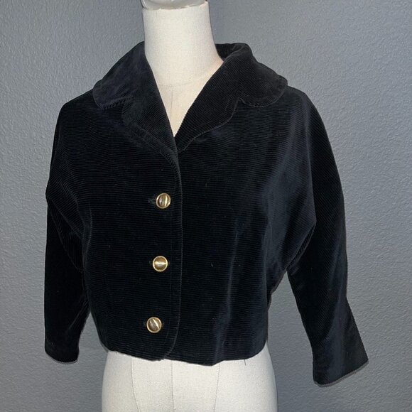 Vintage KORET OF CALIFORNIA Black Corduroy Bolero 3/4 Sleeve Jacket -Made in USA - Picture 1 of 10